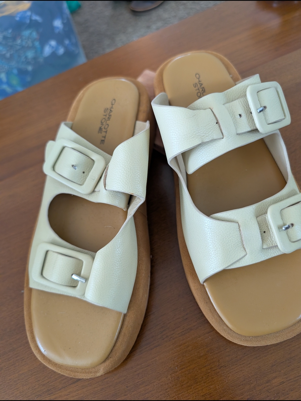 CHARLOTTE STONE Cream Double Buckle Slide Sandals